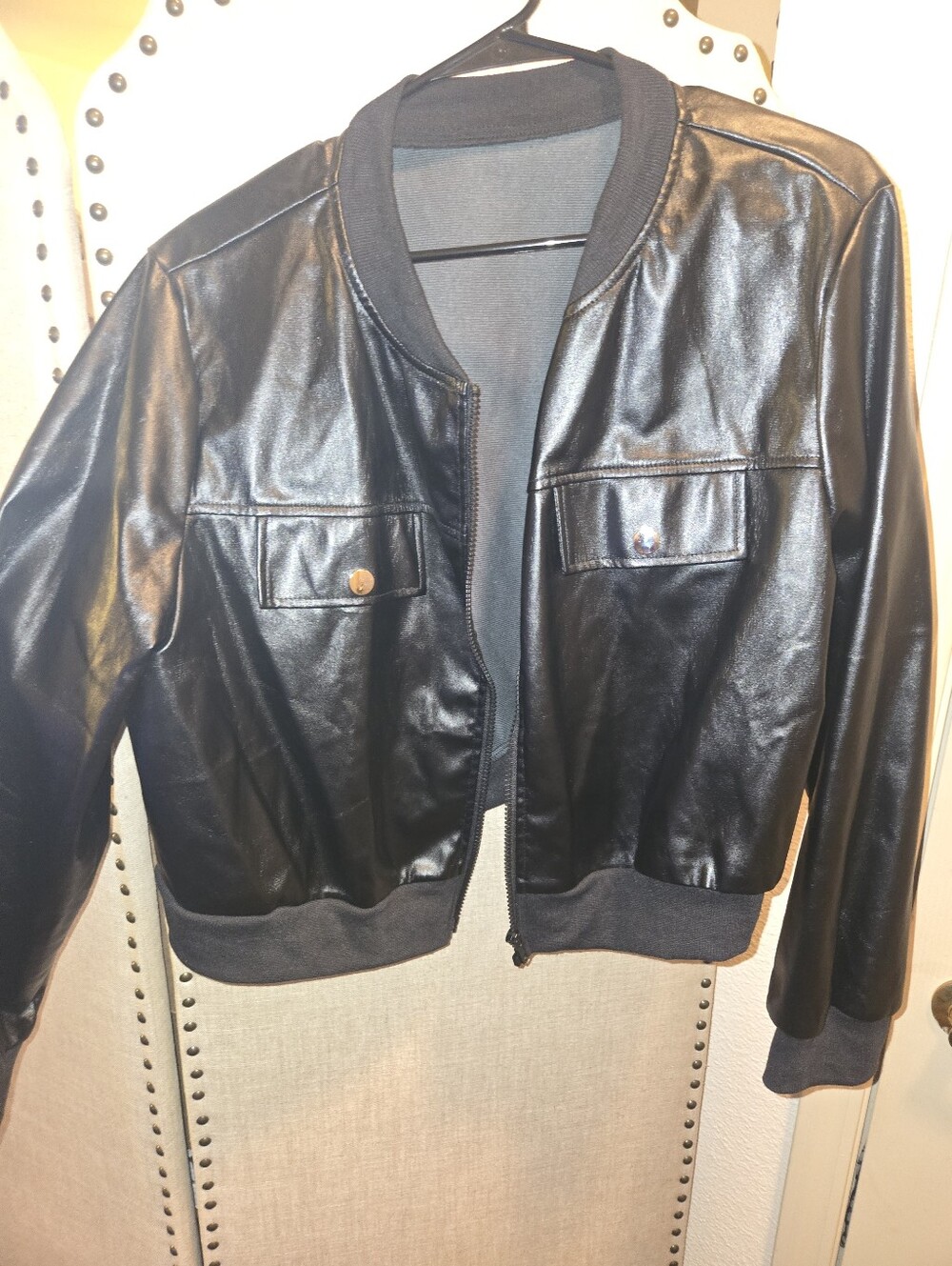 SHEIN Black Faux Leather Bomber Jacket